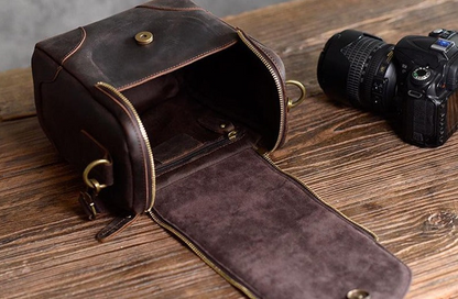 Small leather camera bag by Start2Finish, designed as a compact leather lens case and accessories for photography gear.