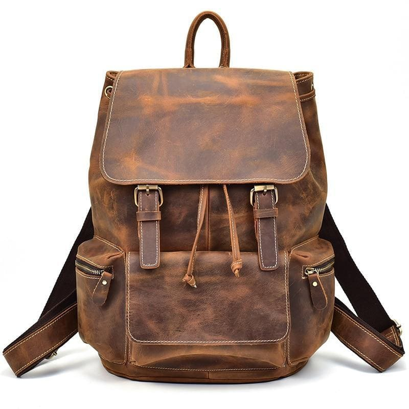 Vintage leather Hagen backpack by Start2Finish, showing adjustable straps and classic leather finish on a stylish accessories background.