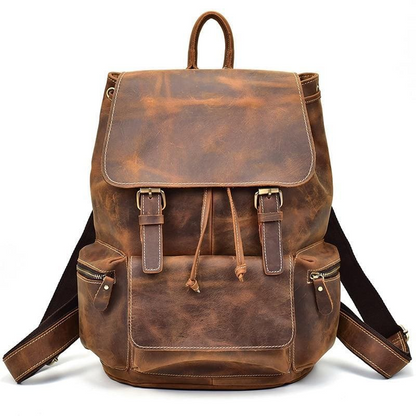 Vintage leather Hagen backpack by Start2Finish, showing adjustable straps and classic leather finish on a stylish accessories background.