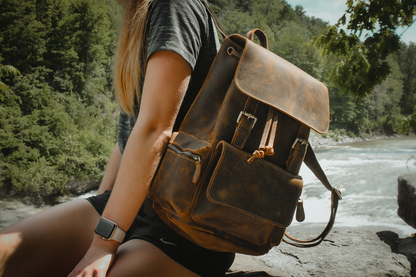 Vintage leather Hagen backpack by Start2Finish, featuring adjustable straps and spacious main compartment for accessories.