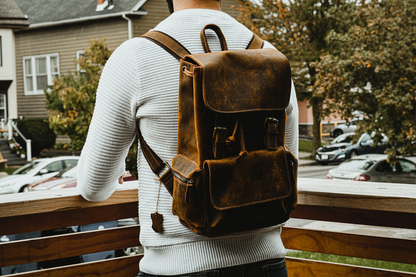 Vintage leather Hagen backpack by Start2Finish, showing stylish brown leather with adjustable straps and top handle.