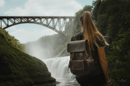 Vintage leather Hagen backpack by Start2Finish, featuring adjustable straps and spacious compartments for stylish accessories.