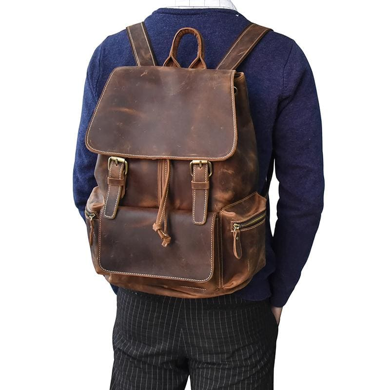 Start2Finish Hagen vintage leather backpack with adjustable straps, front pocket, and classic accessory design.