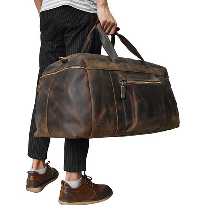 Start2Finish Colden Duffle Bag with large capacity leather weekender, showing sturdy handles and spacious interior.