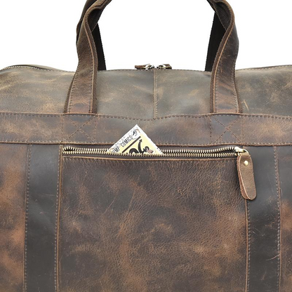 Start2Finish Colden Duffle Bag with large capacity leather exterior, showing its spacious design and sturdy handles for travel.