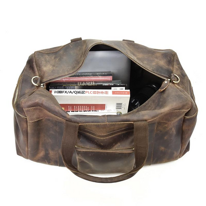 Start2Finish Colden Duffle Bag with large capacity leather weekender, showing its sturdy leather exterior and spacious interior.
