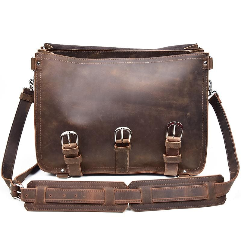 Large vintage leather Gustav Messenger Bag by Start2Finish with adjustable strap and spacious interior for accessories and daily essentials.