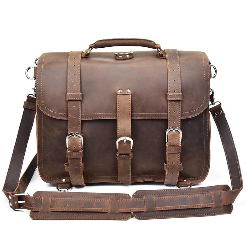 Large vintage leather messenger bag by Start2Finish, The Gustav Messenger Bag, with spacious interior and classic accessory style.