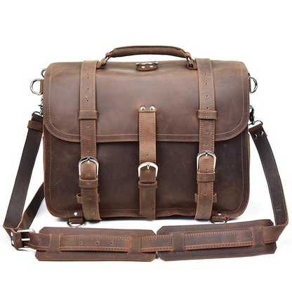 Large vintage leather messenger bag by Start2Finish, The Gustav Messenger Bag, with spacious interior and classic accessory style.