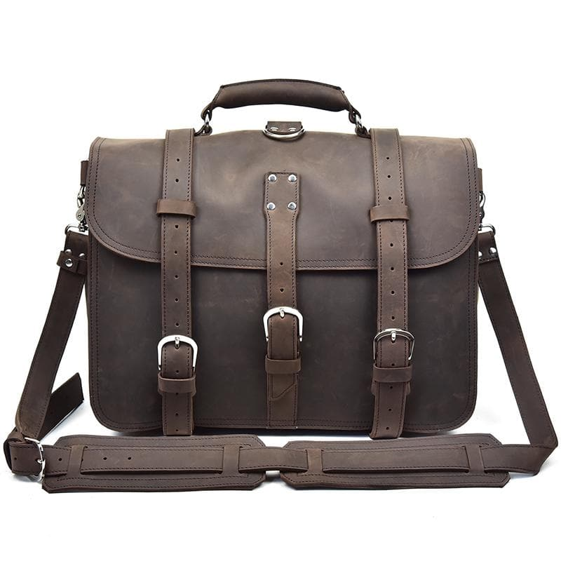 Start2Finish Gustav large vintage leather messenger bag with adjustable strap and spacious interior for carrying essentials.