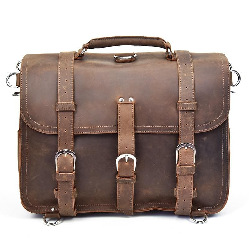 Large vintage leather messenger bag from Start2Finish with spacious interior, adjustable strap, and classic accessory design.