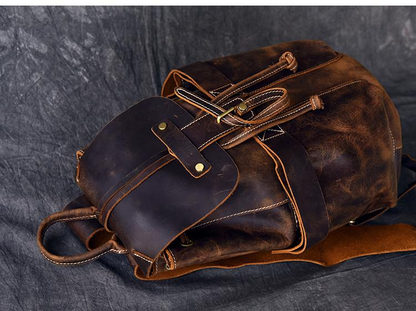 Olaf Rucksack vintage leather travel backpack by Start2Finish, showing adjustable straps and spacious main compartment.