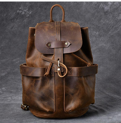 Olaf Rucksack vintage leather travel backpack by Start2Finish, showing durable leather exterior and adjustable shoulder straps.