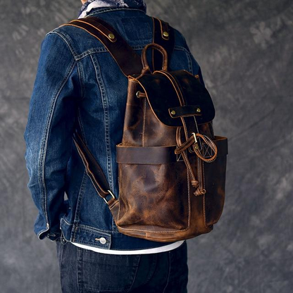 Olaf Rucksack vintage leather travel backpack with adjustable straps and front pocket, stylish accessories by Start2Finish.