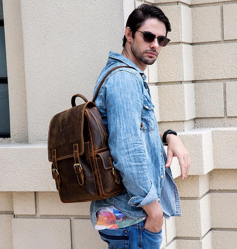 Handcrafted leather Freja backpack by Start2Finish, showing brown leather exterior, adjustable straps, and spacious interior.