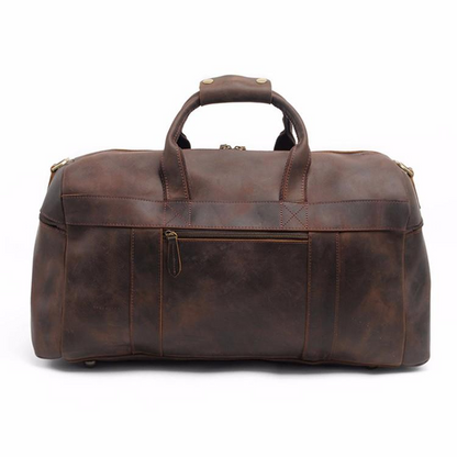 Start2Finish Asta Weekender leather duffle bag showing its handcrafted brown leather exterior and sturdy handles.