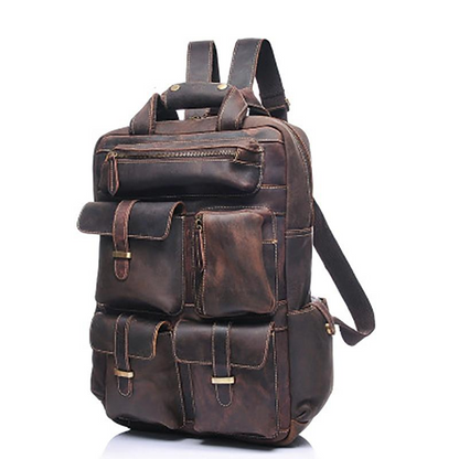 Handmade genuine leather Shelby backpack by Start2Finish, showcasing durable leather with adjustable straps and classic design.