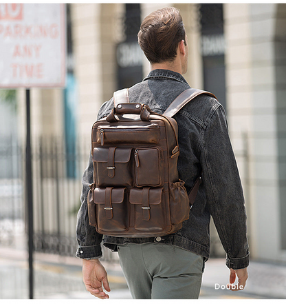 Handmade genuine leather Shelby backpack by Start2Finish, featuring durable leather straps and spacious interior for accessories.