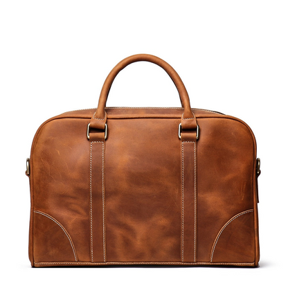 Start2Finish Bjorn Leather Laptop Bag showing vintage brown leather briefcase with handles and zipper closure, accessories for professionals.