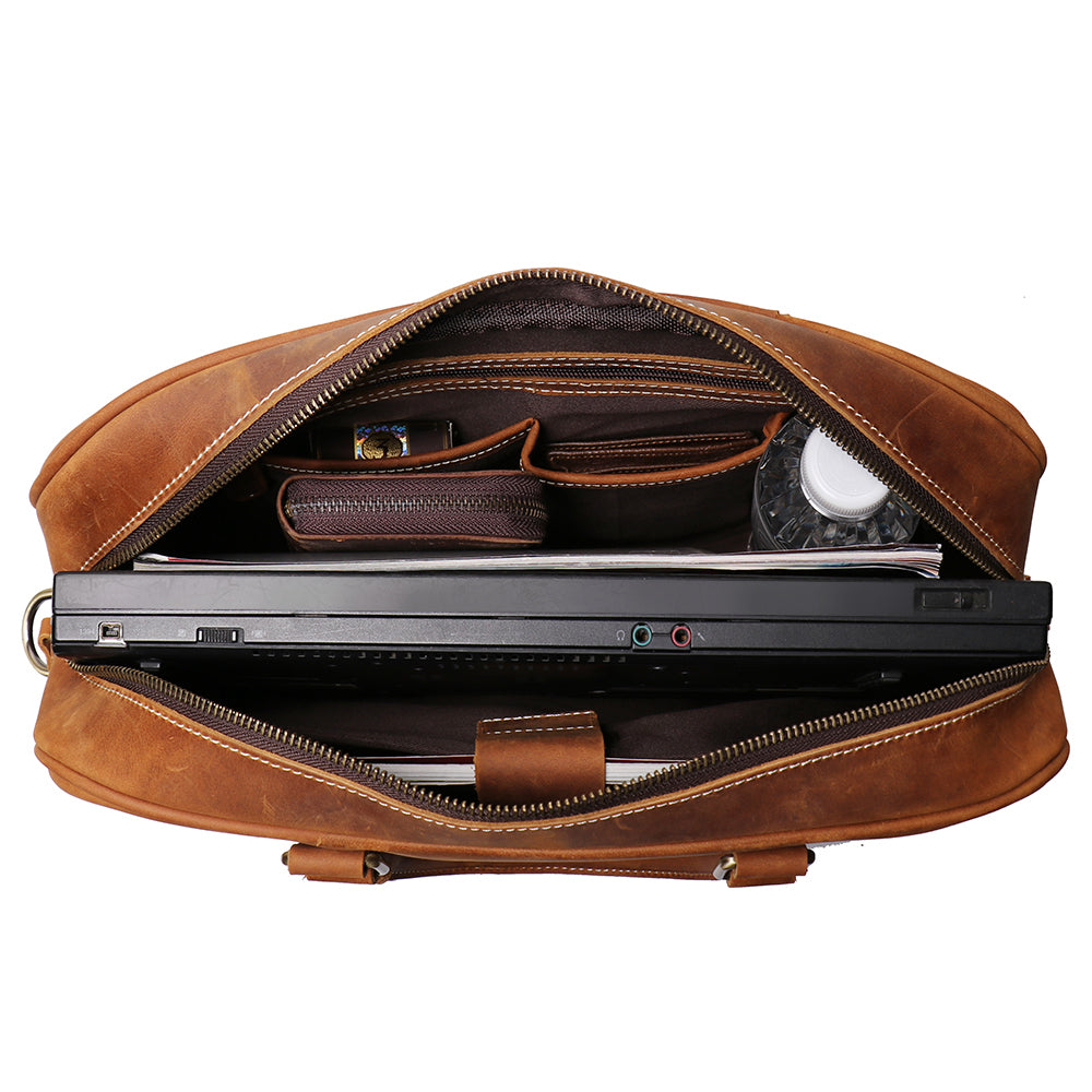 Start2Finish Bjorn Leather Laptop Bag, vintage leather briefcase with handle and zipper closure, stylish accessories for professionals.