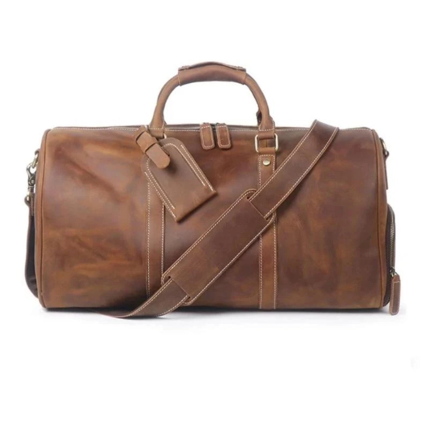 Large leather duffle bag from Start2Finish Dagny Weekender, showing its spacious design and leather handles.