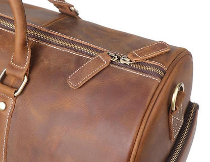 Large leather duffle bag from Start2Finish Dagny Weekender, showcasing its spacious design and durable leather construction.