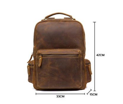 Start2Finish The Langley vintage leather backpack with adjustable straps and classic design, shown in genuine leather.