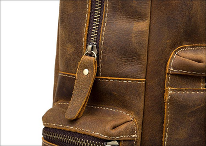 Genuine vintage leather Langley Backpack by Start2Finish, showing a classic brown leather accessory with adjustable straps and metal hardware.