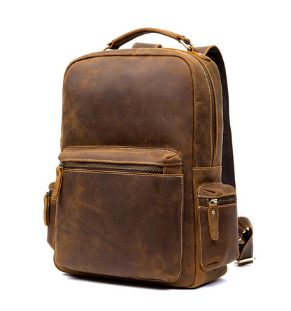 Start2Finish The Langley vintage leather backpack with adjustable straps and front pocket, made from genuine distressed leather.
