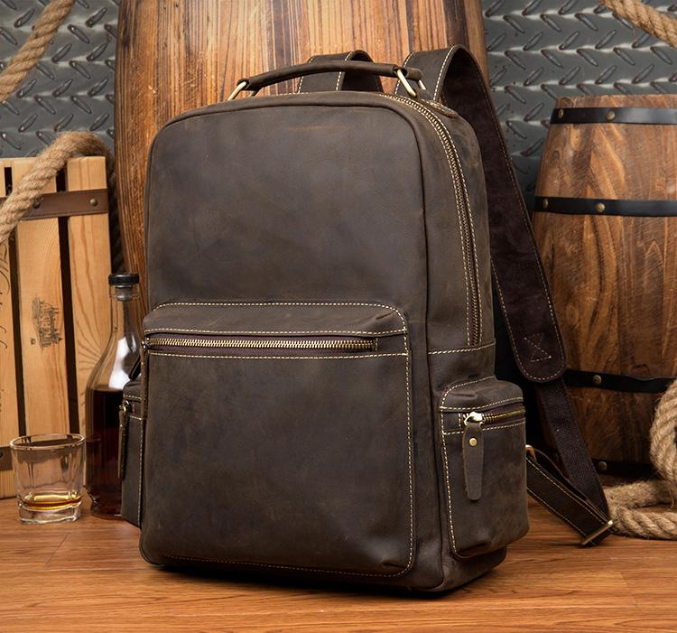 Start2Finish The Langley vintage leather backpack with adjustable straps and multiple compartments on brown genuine leather.