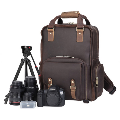 Large leather backpack camera bag with tripod holder from Start2Finish, featuring multiple compartments and sturdy leather construction.