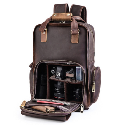 Large leather camera backpack by Start2Finish, featuring tripod holder and spacious compartments for accessories and photography gear.
