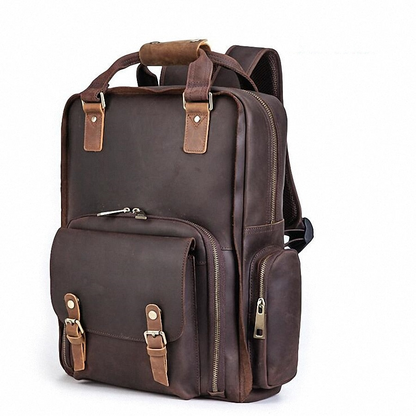 Large leather backpack camera bag with tripod holder from Start2Finish, featuring multiple compartments and a sturdy, stylish design.