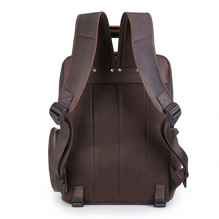Large leather backpack camera bag with tripod holder from Start2Finish, featuring multiple compartments and adjustable straps.