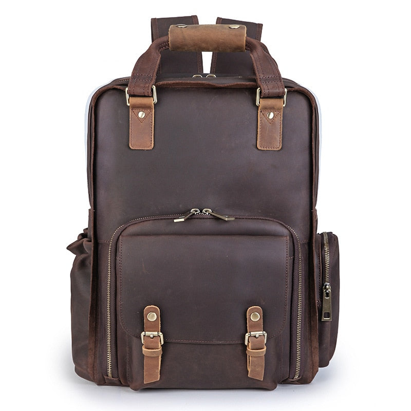Large leather backpack camera bag with tripod holder, stylish accessories by Start2Finish, featuring multiple compartments and adjustable straps.