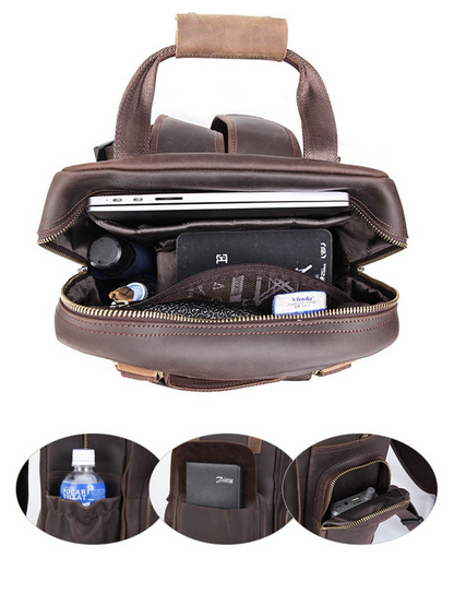 Large leather camera backpack by Start2Finish with tripod holder, featuring multiple compartments and adjustable straps.