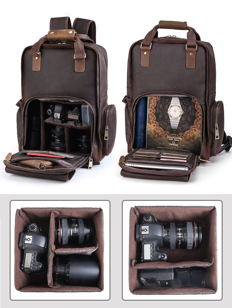 Large leather camera backpack by Start2Finish with tripod holder and multiple compartments, designed for versatile photography accessories.