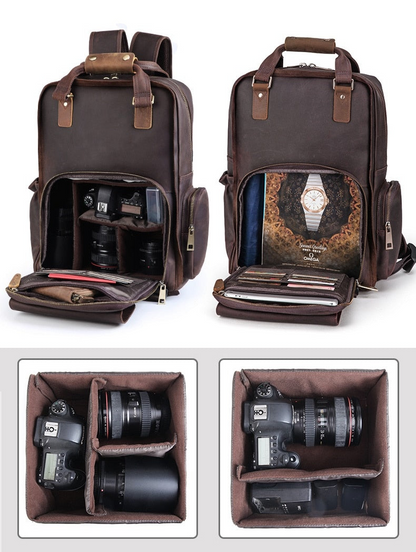 Large leather camera backpack by Start2Finish with tripod holder and multiple compartments, designed for versatile photography accessories.