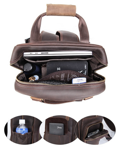 Large leather backpack camera bag with tripod holder, stylish accessories from Start2Finish, featuring multiple compartments and sturdy design.