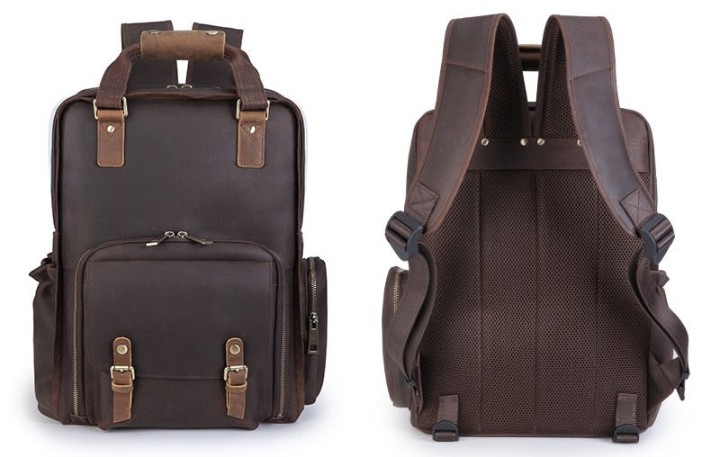 Large leather backpack camera bag with tripod holder from Start2Finish, featuring multiple compartments and durable leather construction.