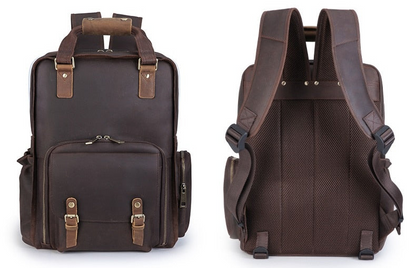 Large leather backpack camera bag with tripod holder from Start2Finish, featuring multiple compartments and durable leather construction.