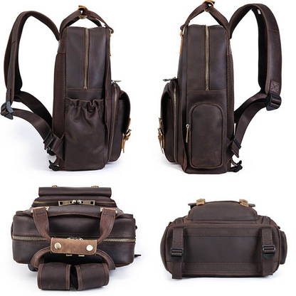 Large leather backpack camera bag with tripod holder by Start2Finish, featuring multiple compartments and sturdy leather construction.