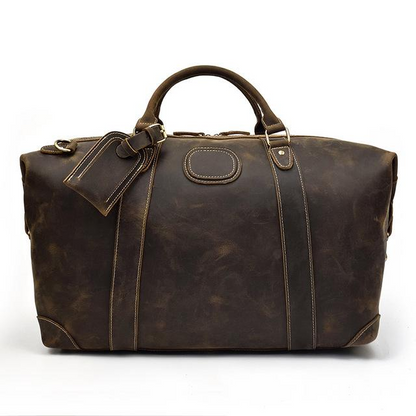 Start2Finish Eira Duffle Bag, vintage leather weekender with sturdy handles and spacious interior, perfect for travel accessories.