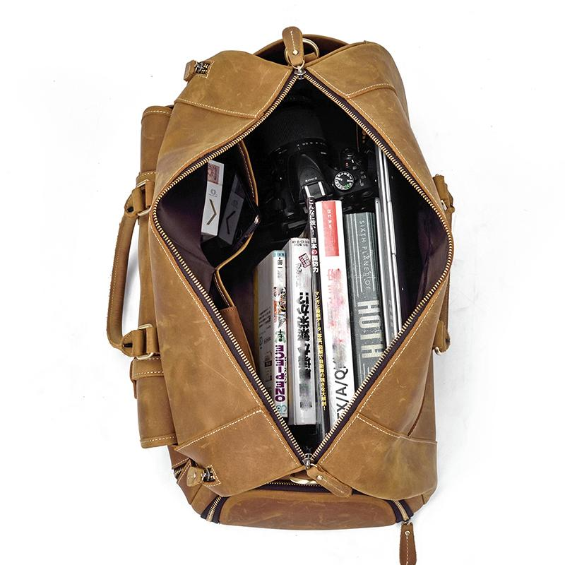 Handmade leather Bard Weekender duffle bag from Start2Finish, showing its spacious design and durable leather construction.