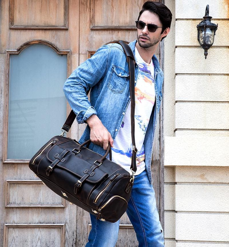 Handmade leather duffle bag from The Bard Weekender collection by Start2Finish, showing its spacious design and premium leather texture.