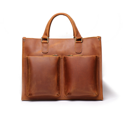Start2Finish Dagmar leather briefcase featuring vintage brown leather, a classic messenger bag with a sturdy handle and adjustable strap.