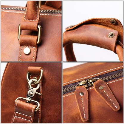 Start2Finish Brandt Weekender small leather duffle bag with handles and zipper closure, showcasing its compact, stylish design.