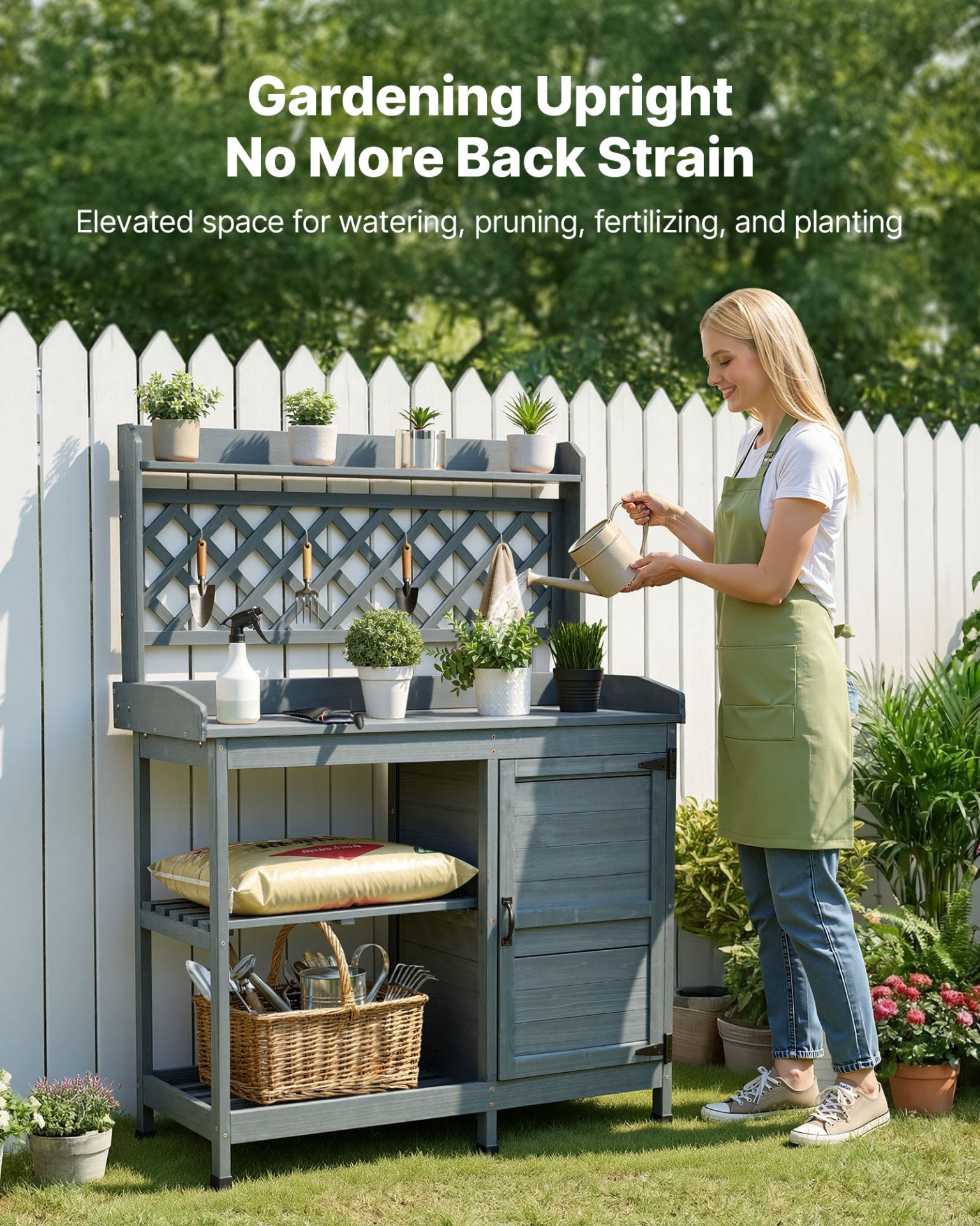 Start2Finish VEVOR outdoor gardening potting bench with wooden tabletop, storage cabinet, and shelves for patio or backyard use