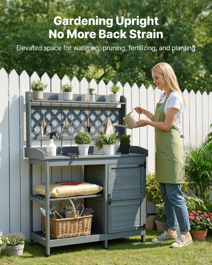 Start2Finish VEVOR outdoor gardening potting bench with wooden tabletop, storage cabinet, and shelves for patio or backyard use