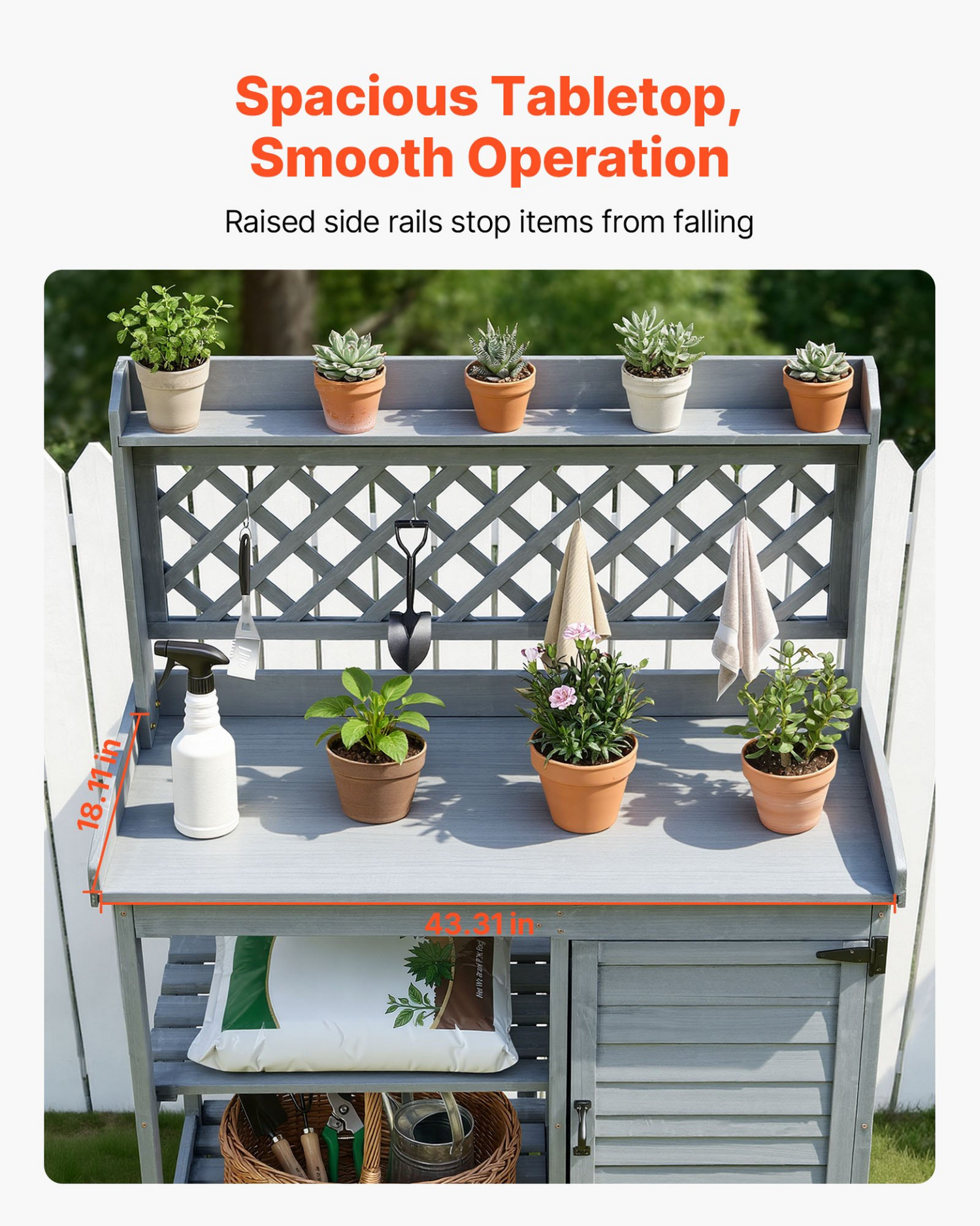 Start2Finish VEVOR outdoor garden potting bench with wooden tabletop, storage cabinet, and shelves for patio and backyard gardening.